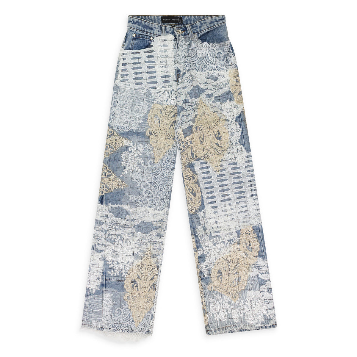 BLUE GRID LACE STRAIGHT-FIT JEANS