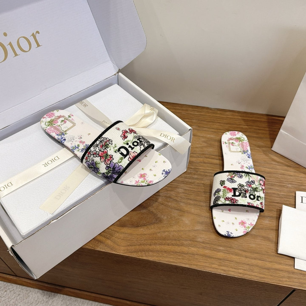 Dior Floral Embroidered Slide Sandals