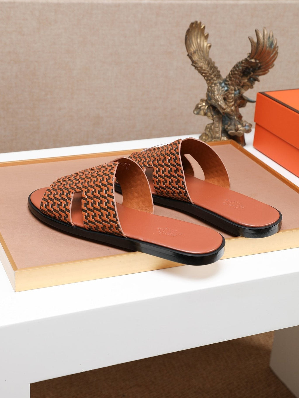 Hermes Brown Patterned H Slide Sandals