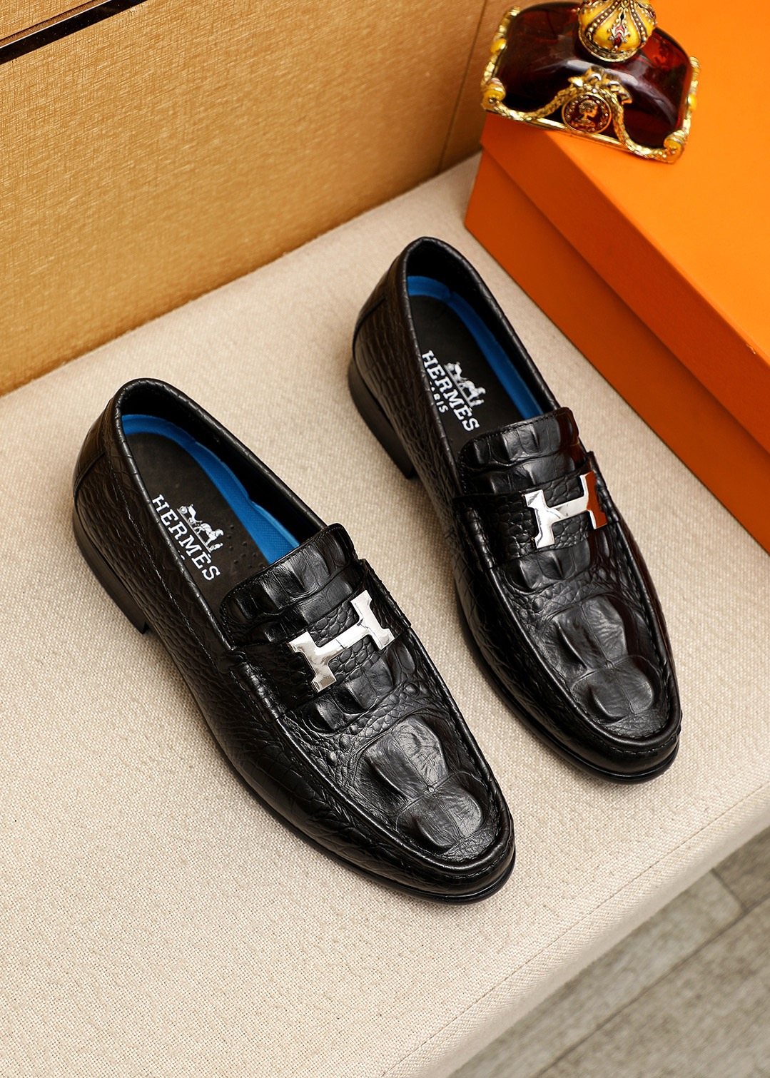 Hermès Textured Metal-Hardware Loafers